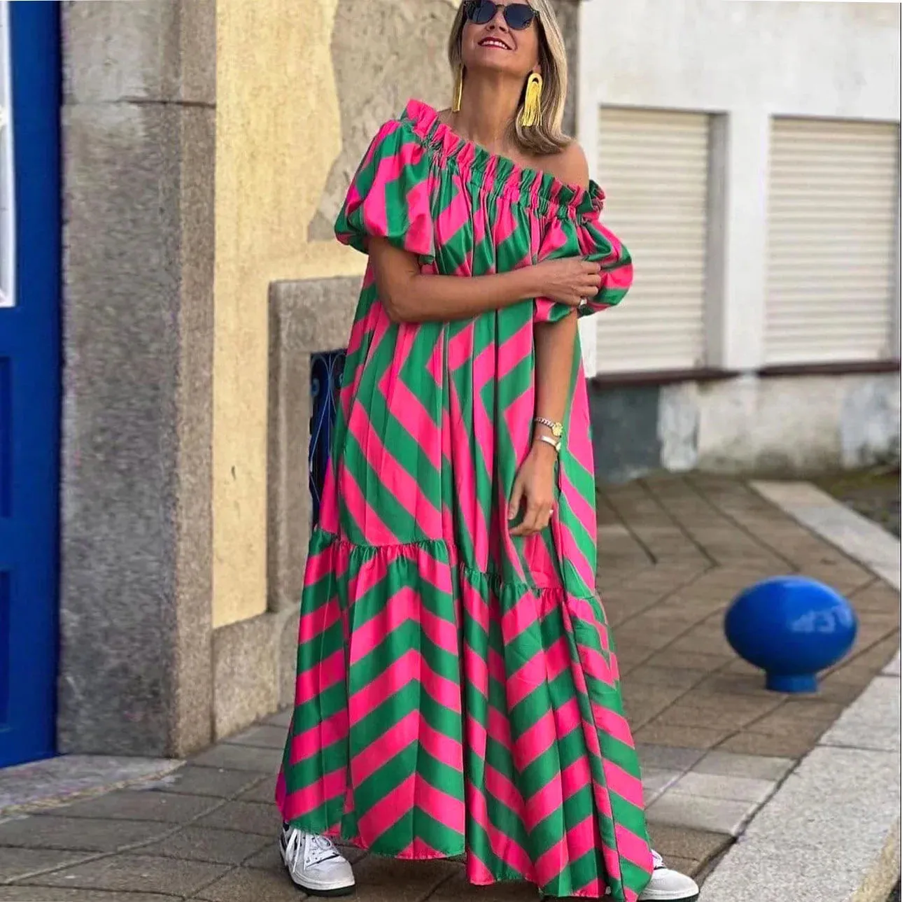 Striped Off Shoulder Midi Maxi Dress for Women