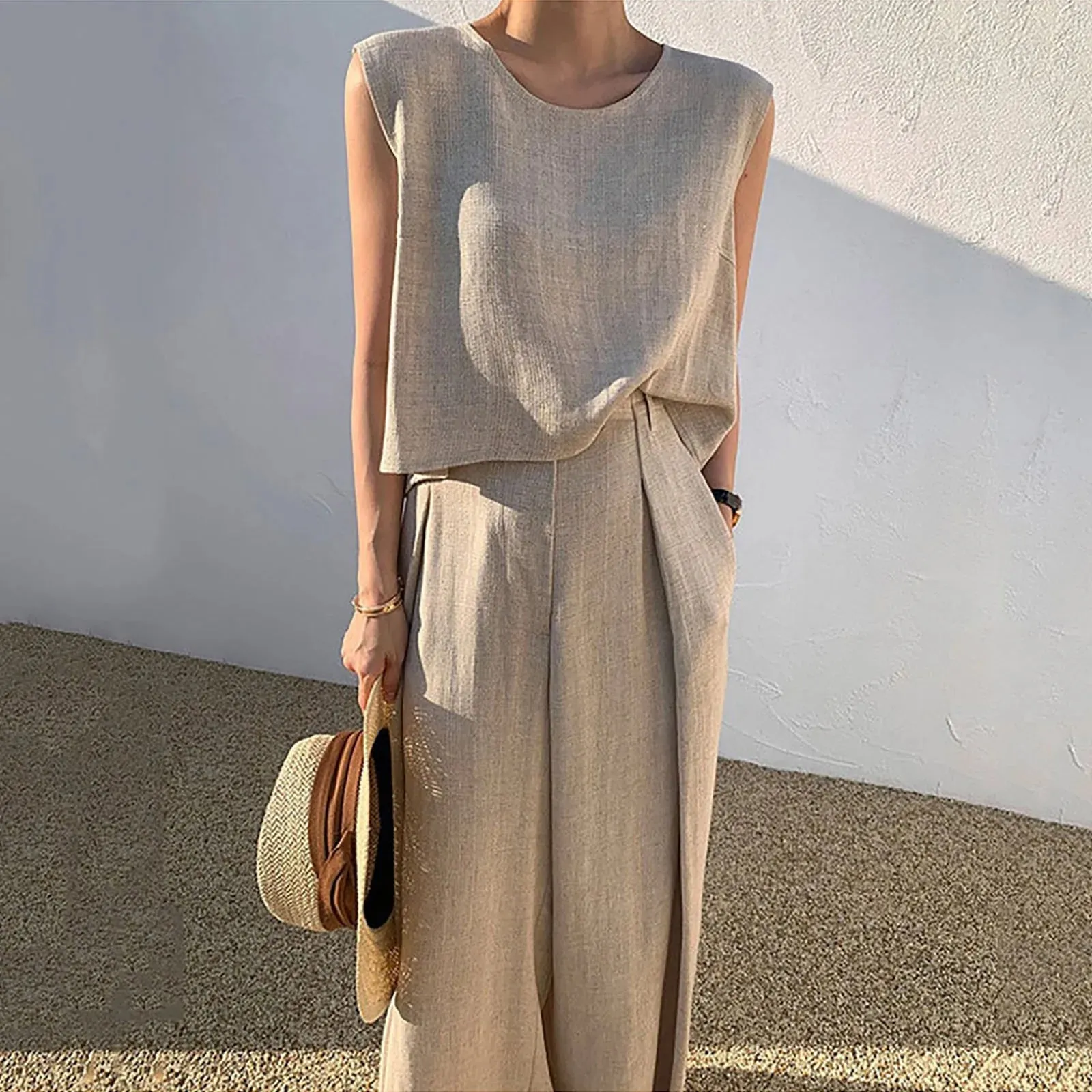 Summer Leisure Cotton Linen Loose Sleeveless Top Wide Leg Holiday Women's Set