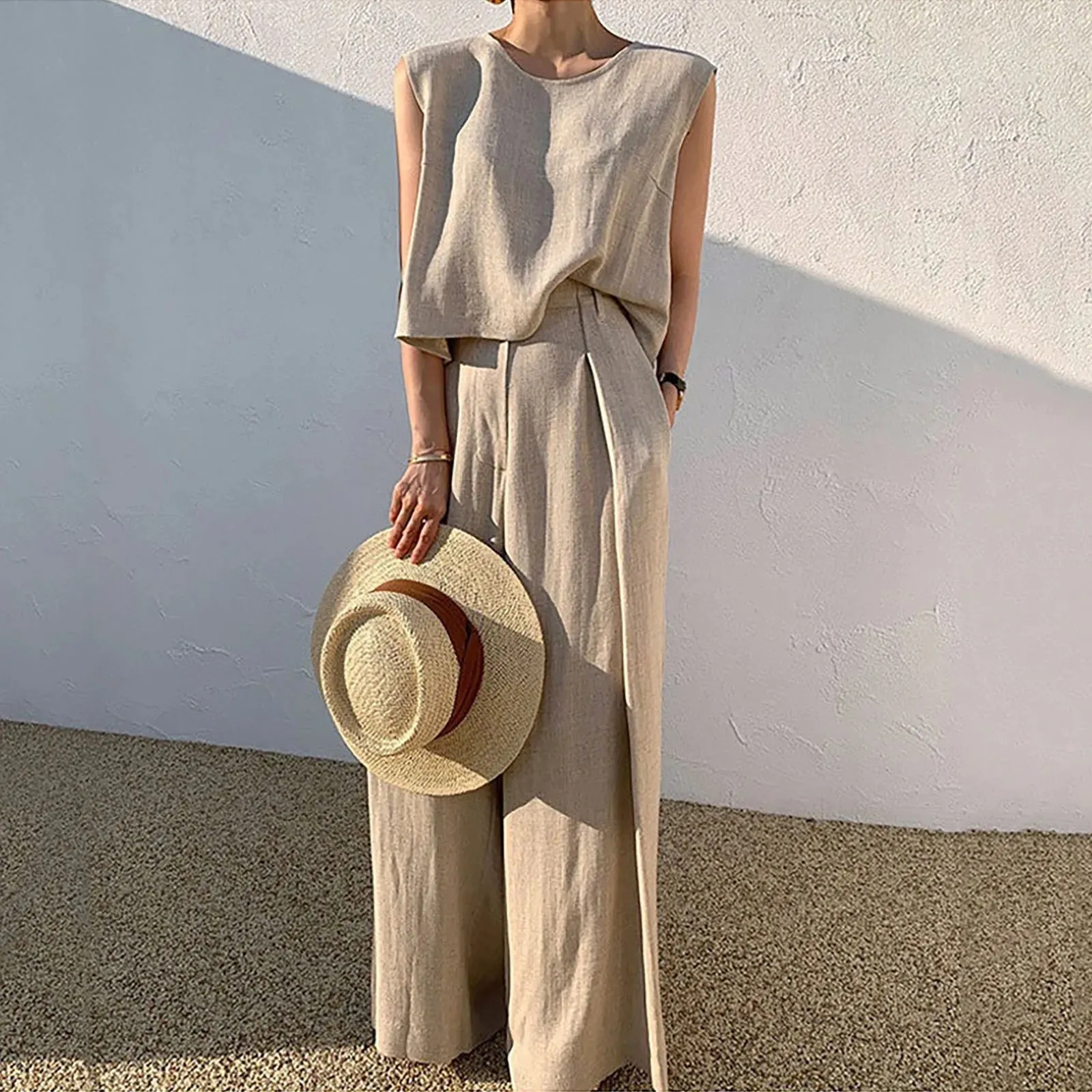 Summer Leisure Cotton Linen Loose Sleeveless Top Wide Leg Holiday Women's Set