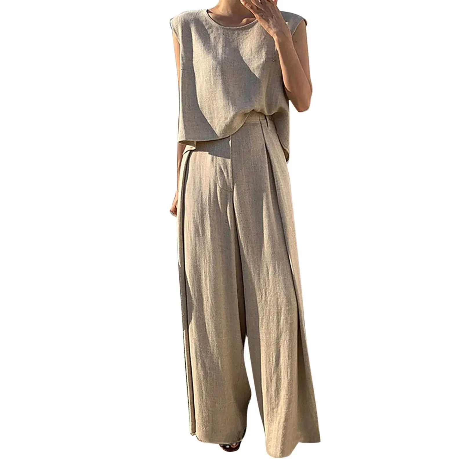 Summer Leisure Cotton Linen Loose Sleeveless Top Wide Leg Holiday Women's Set