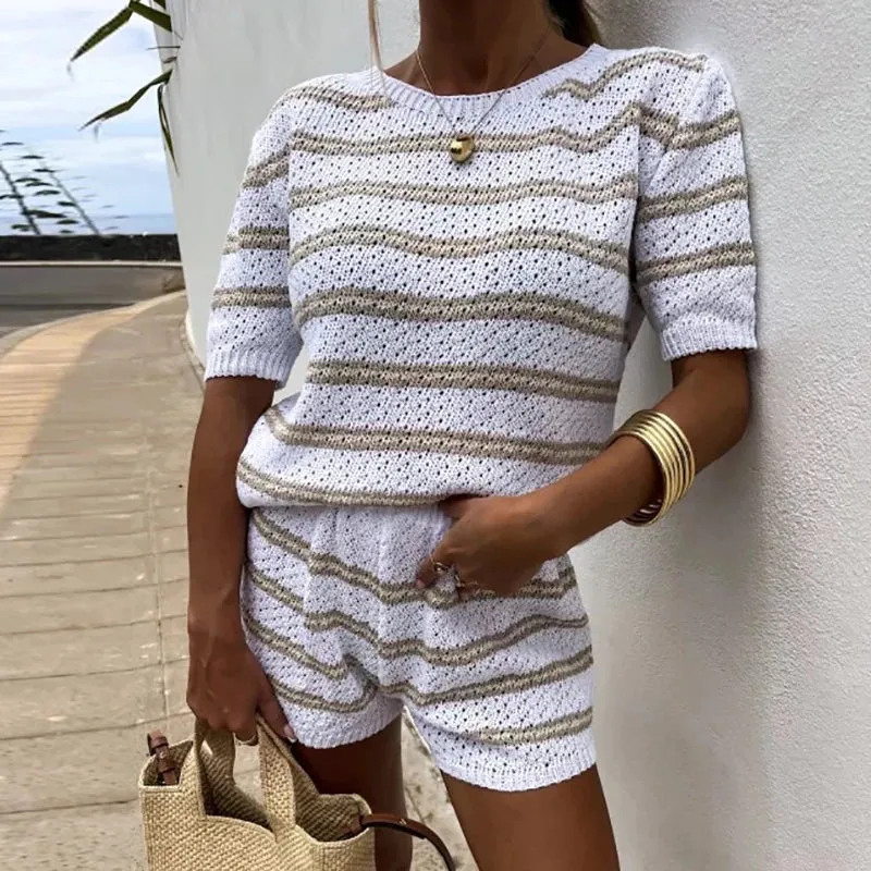 Summer Loose Short-sleeved Shirt Hawaii Holiday Knitted Beach Striped Set