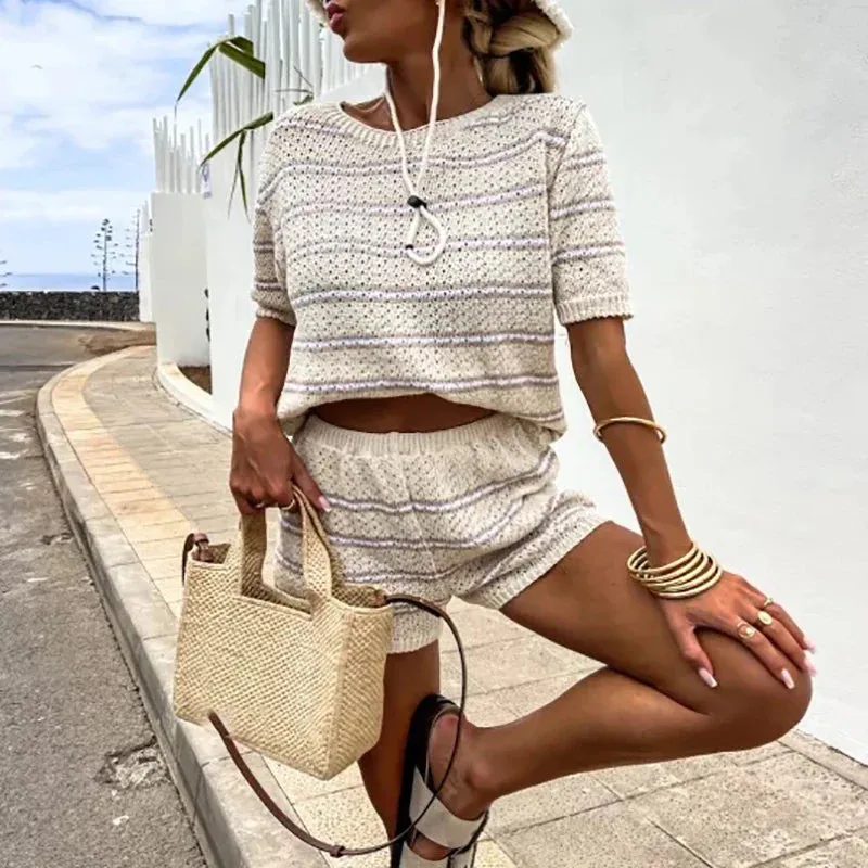 Summer Loose Short-sleeved Shirt Hawaii Holiday Knitted Beach Striped Set