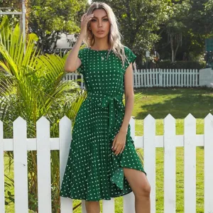 Summer Polka Dots Sleeveless Pleated High Waist Elegant Office Green Lady Dinner Party Midi Dress