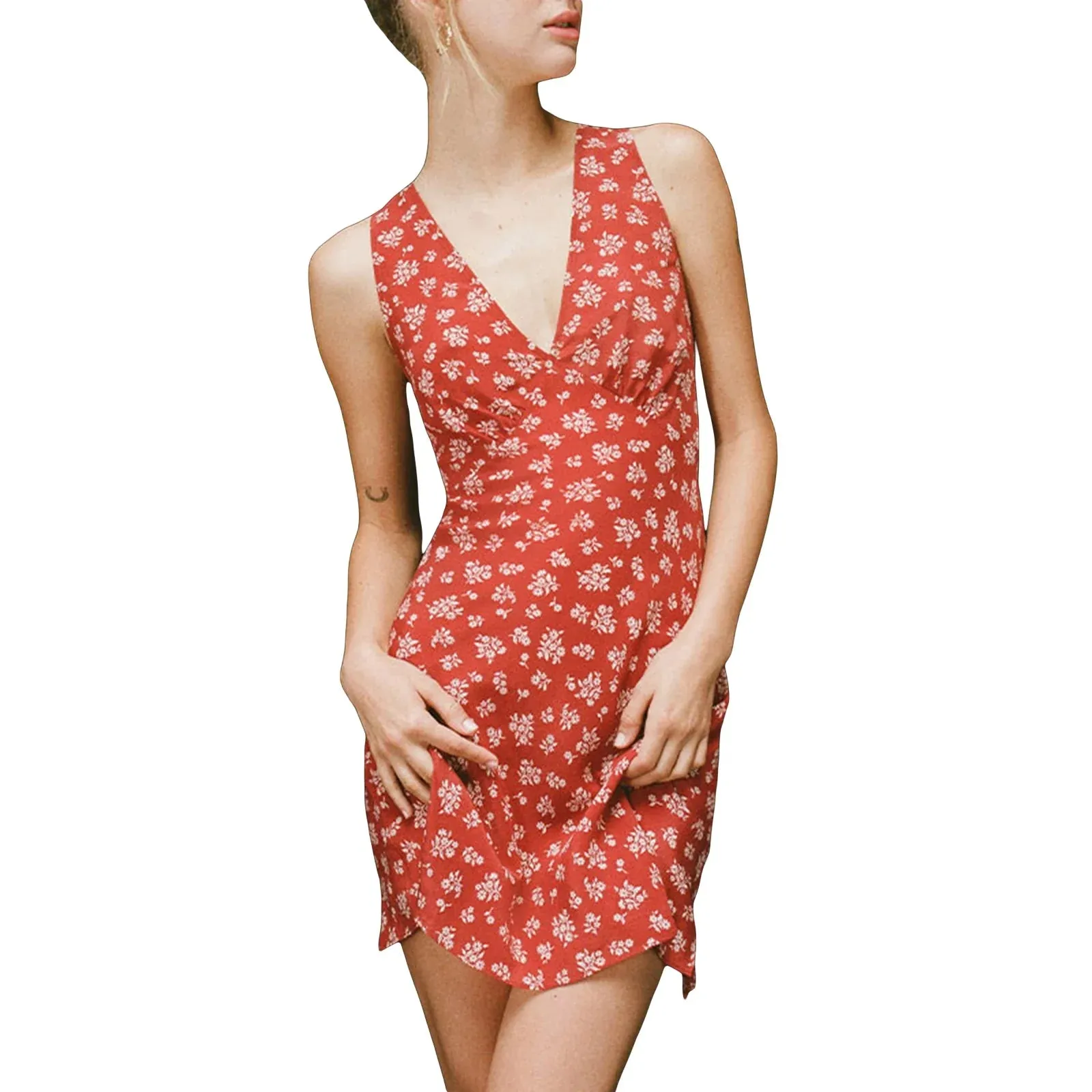 Summer Short Party Sleeveless Deep V Neck Floral Print Beach Casual Women’s Dress