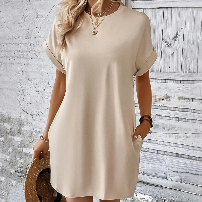 Summer Women's Color Short Sleeve Pocket Loose Mini Dress Blouse