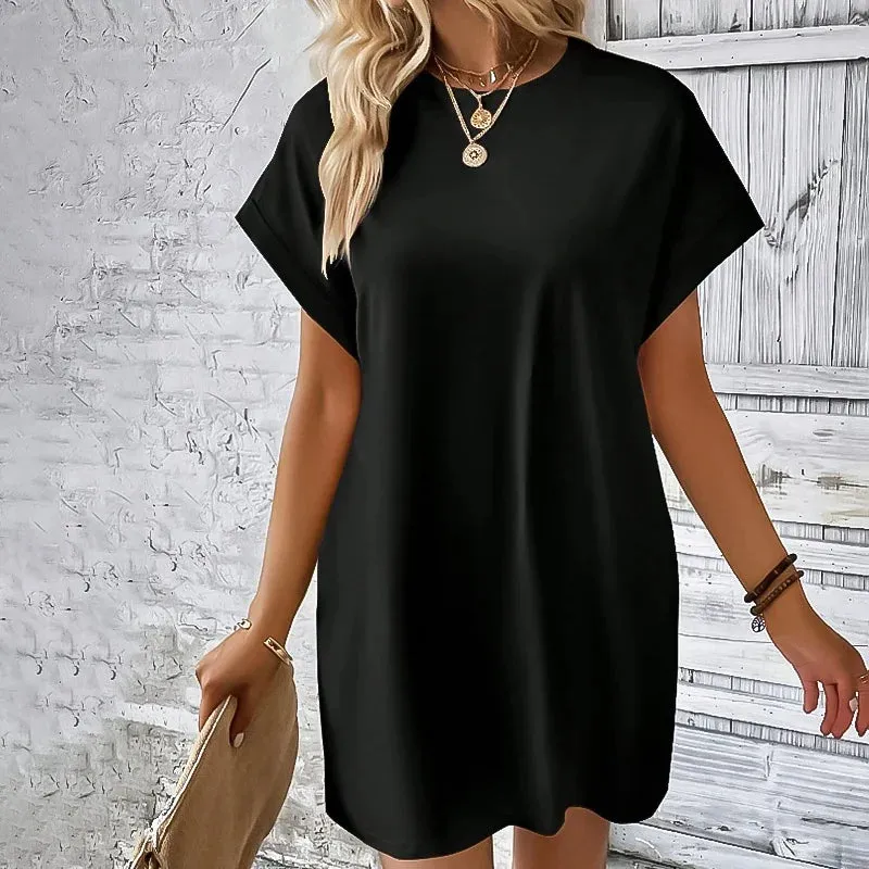 Summer Women's Color Short Sleeve Pocket Loose Mini Dress Blouse