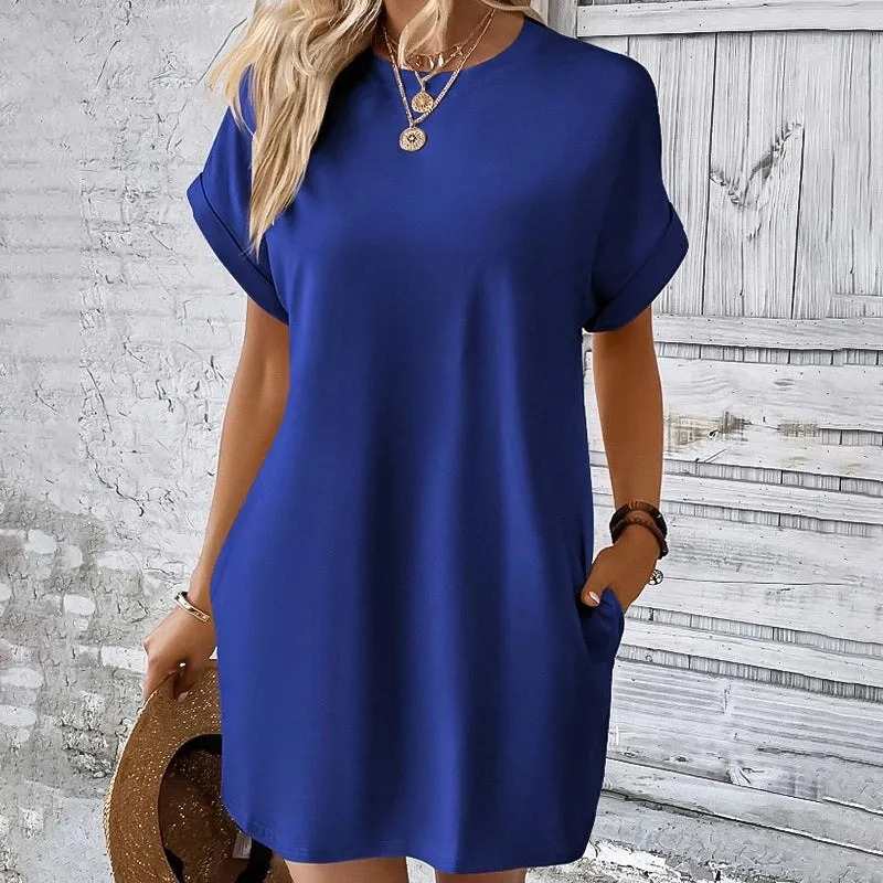 Summer Women's Color Short Sleeve Pocket Loose Mini Dress Blouse