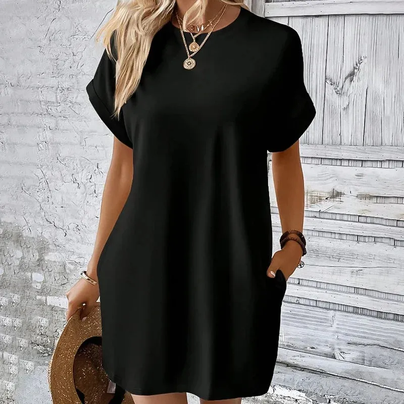 Summer Women's Color Short Sleeve Pocket Loose Mini Dress Blouse