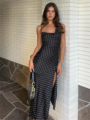 Swinging Neck Backless Summer Women Sleeveless Split Sexy Casual Midi Dress with Dot Print