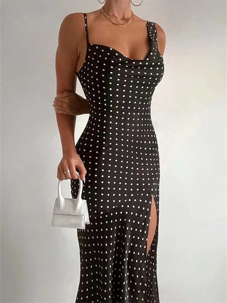 Swinging Neck Backless Summer Women Sleeveless Split Sexy Casual Midi Dress with Dot Print