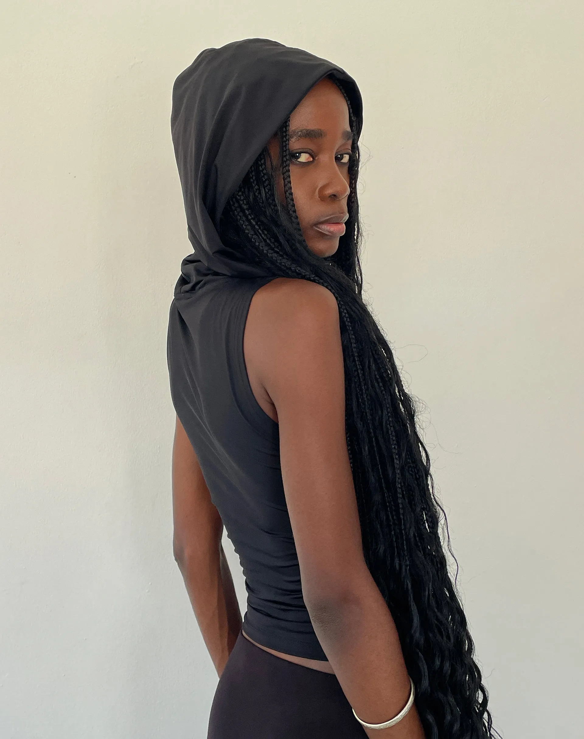 Tapia Hooded Tank Top in Black Slinky