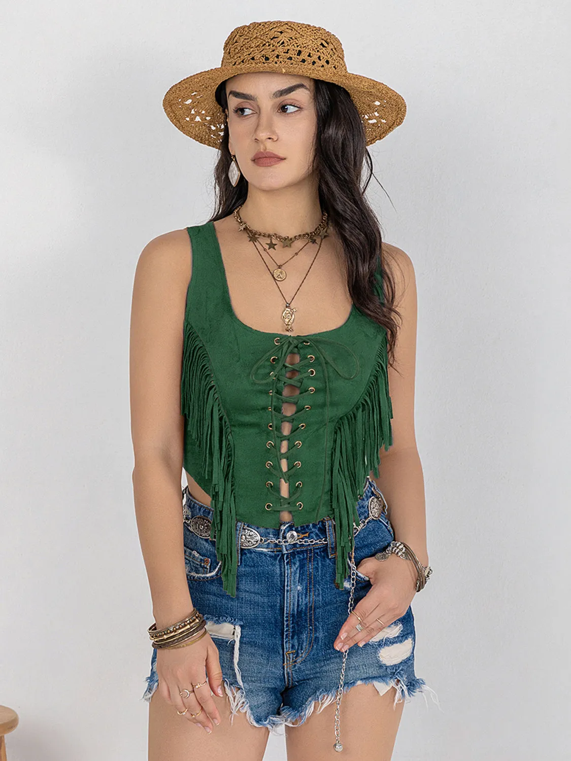 TEEK - Dark Green Fringe Lace-Up Wide Strap Tank