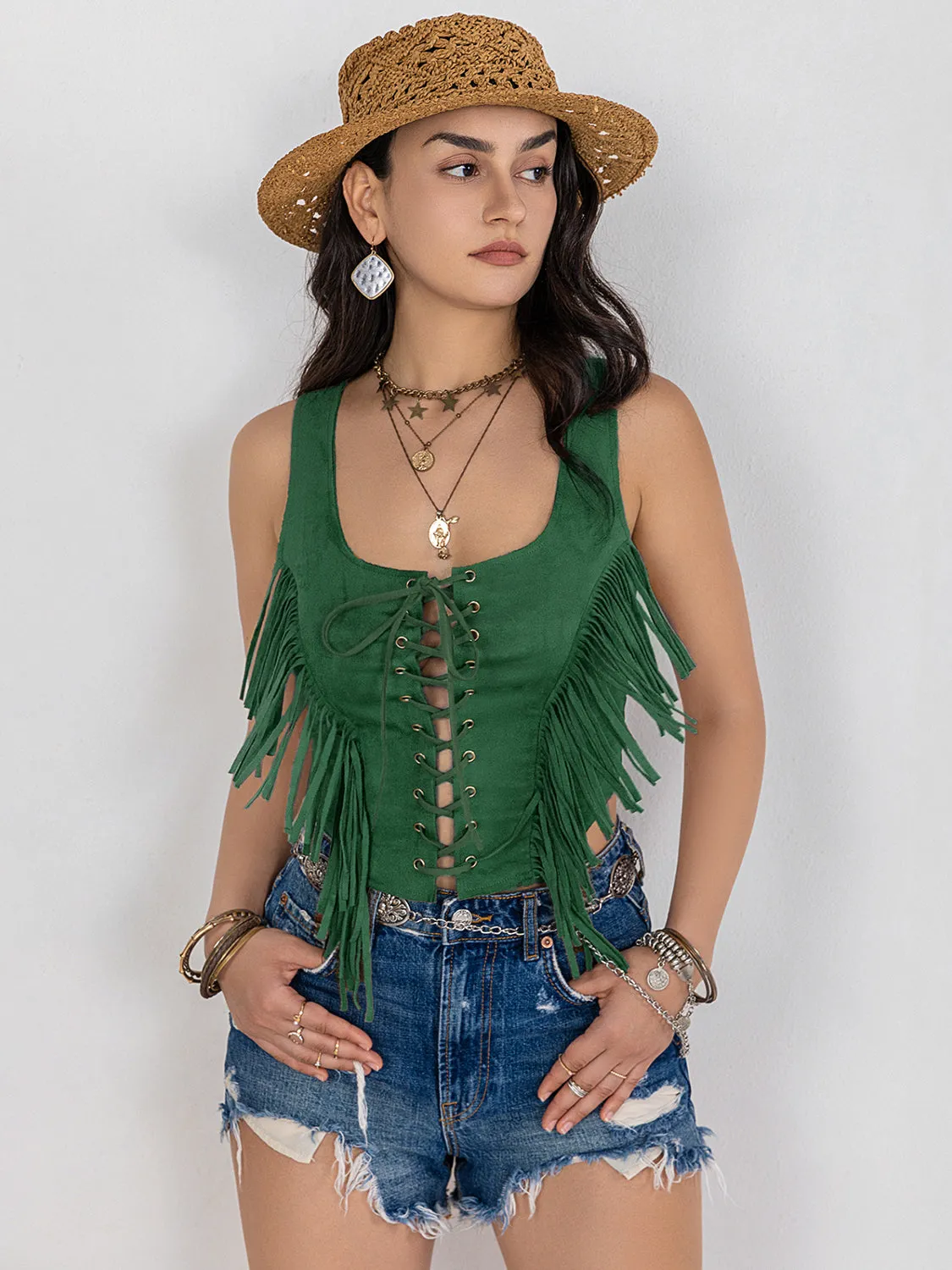 TEEK - Dark Green Fringe Lace-Up Wide Strap Tank