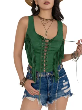 TEEK - Dark Green Fringe Lace-Up Wide Strap Tank