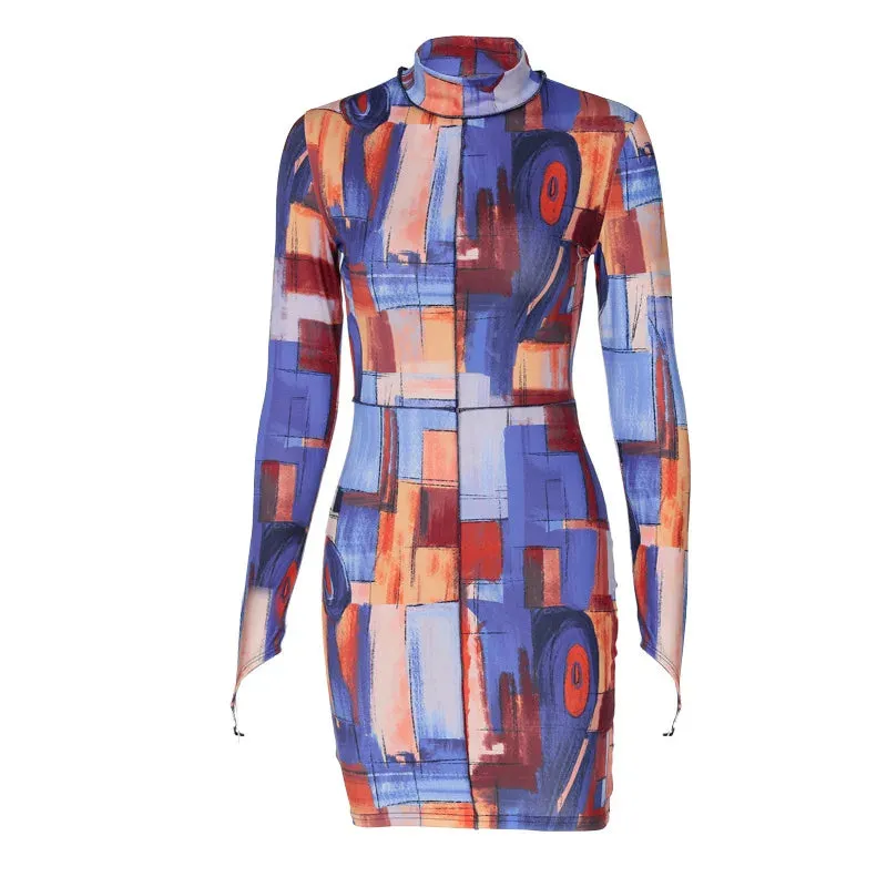 Tie Dye Long Sleeve High Neck Bodycon Mini Dress