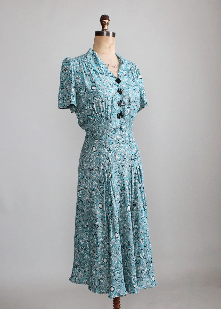 Vintage 1940s Blue and White Floral Print Rayon Day Dress