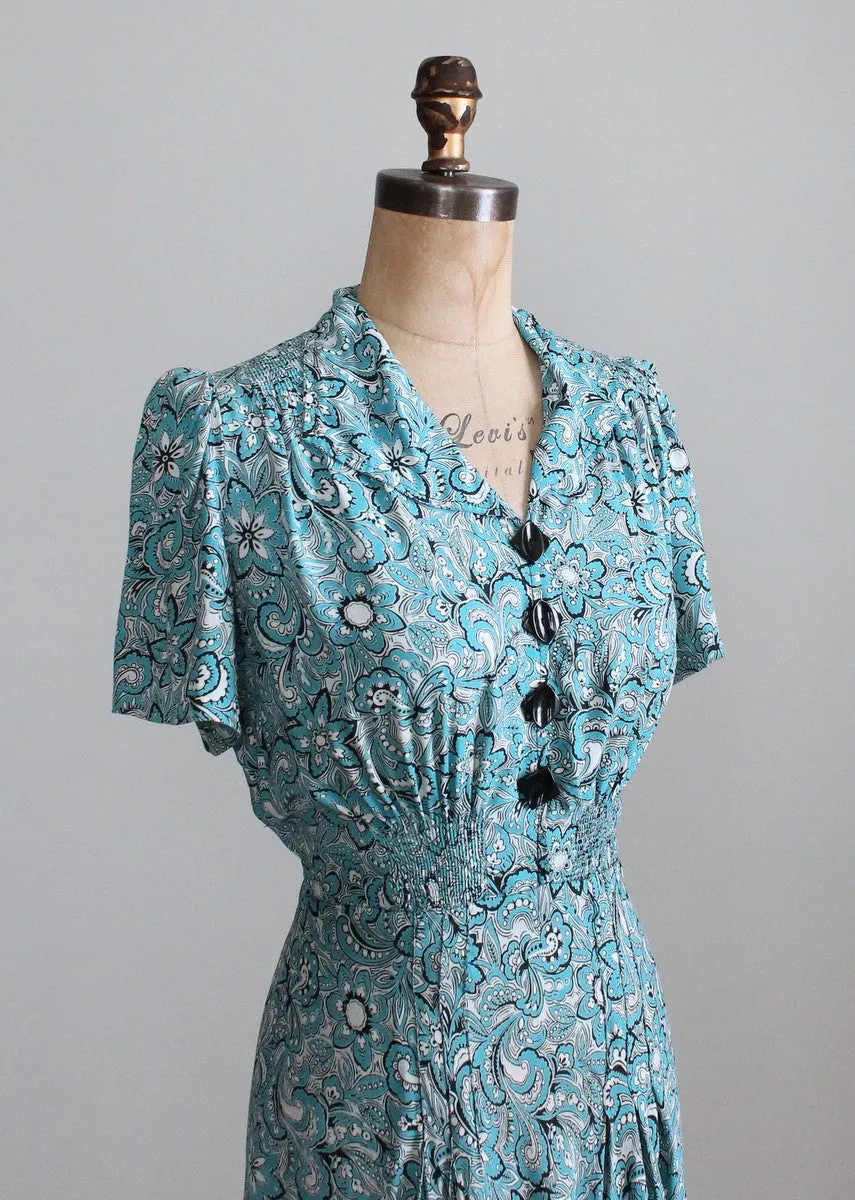 Vintage 1940s Blue and White Floral Print Rayon Day Dress