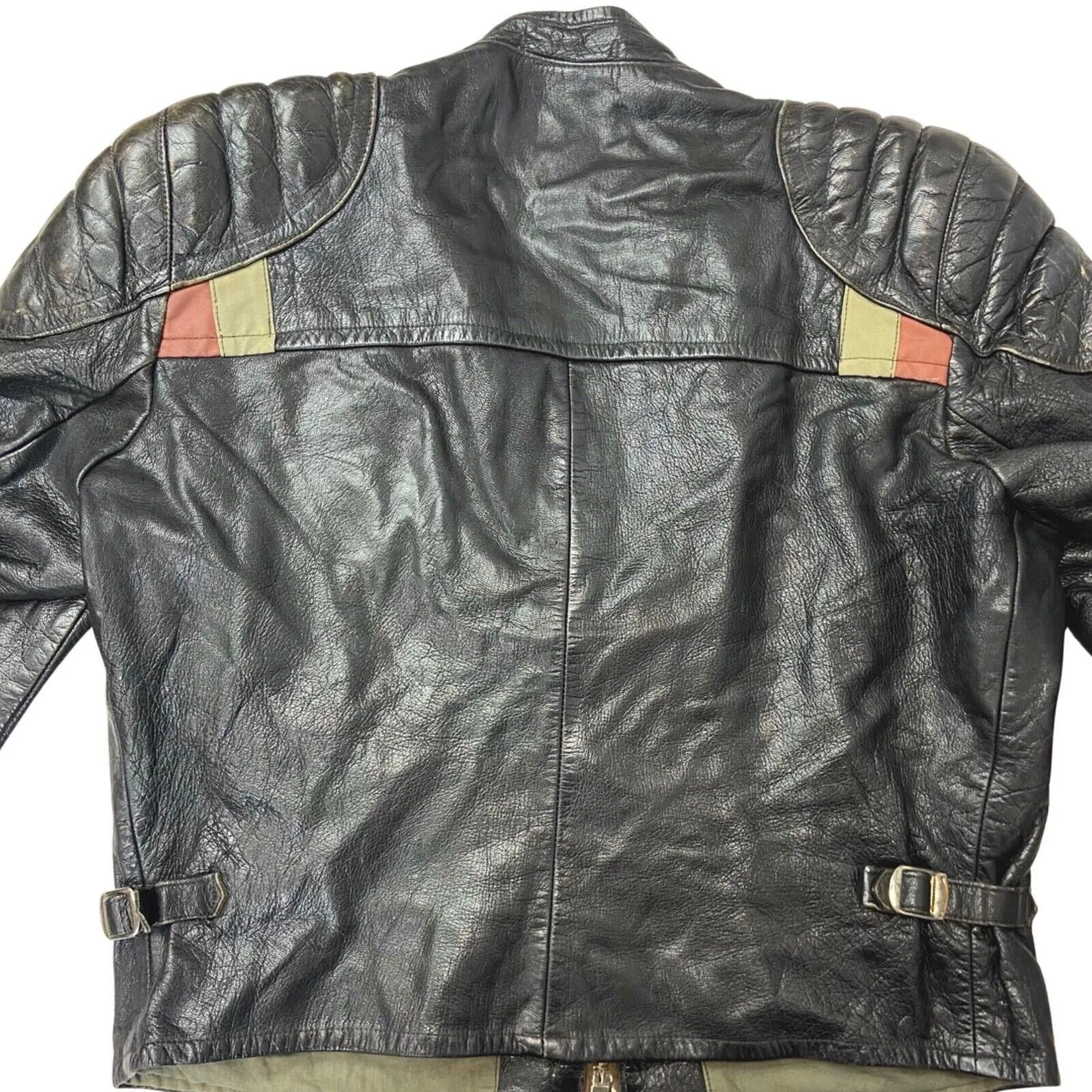 Vintage 1960s Black Biker Low Collar Genuine Leather Biker L