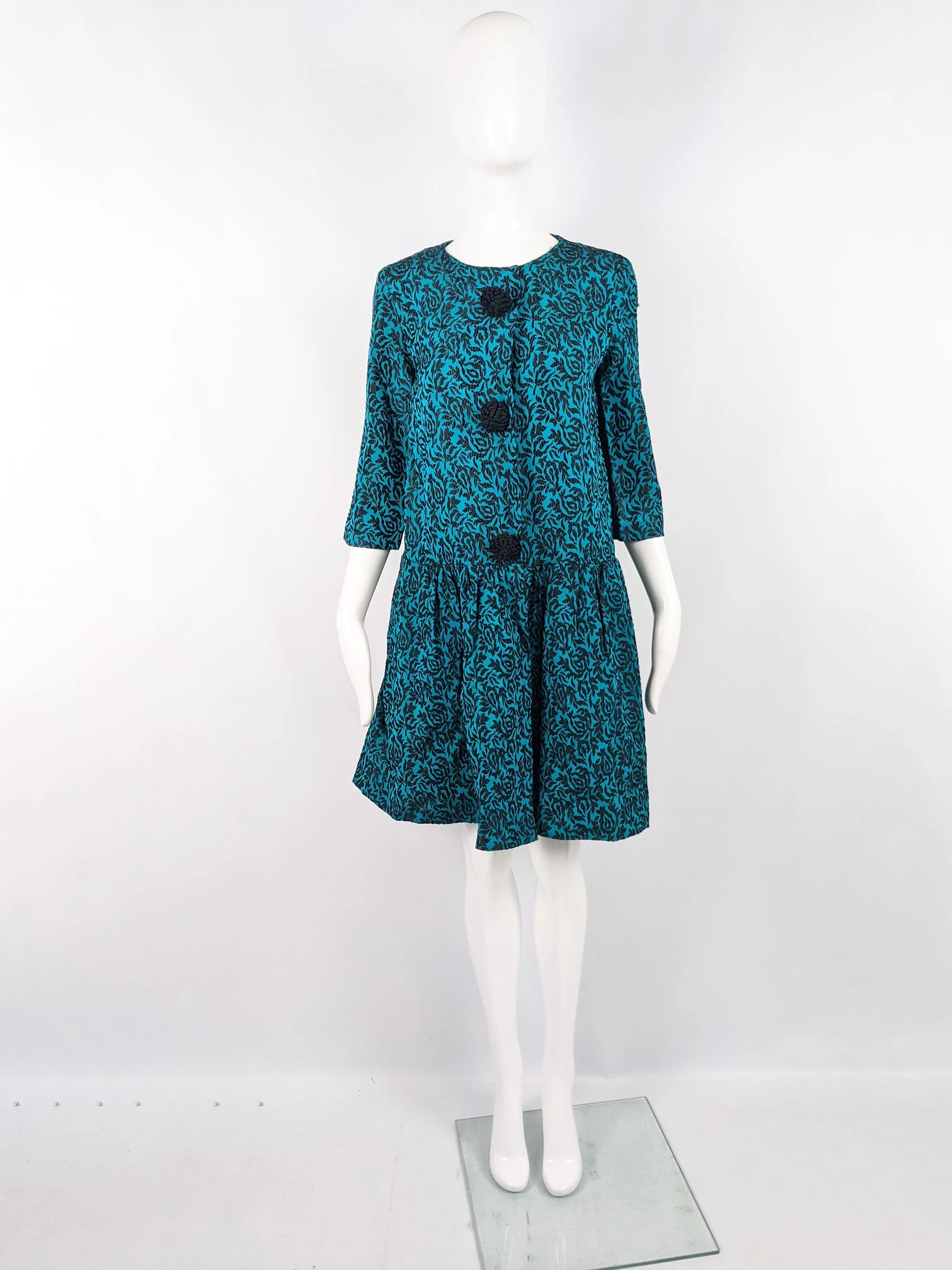 Vintage Blue & Black Brocade Oversized Coat, 1960s