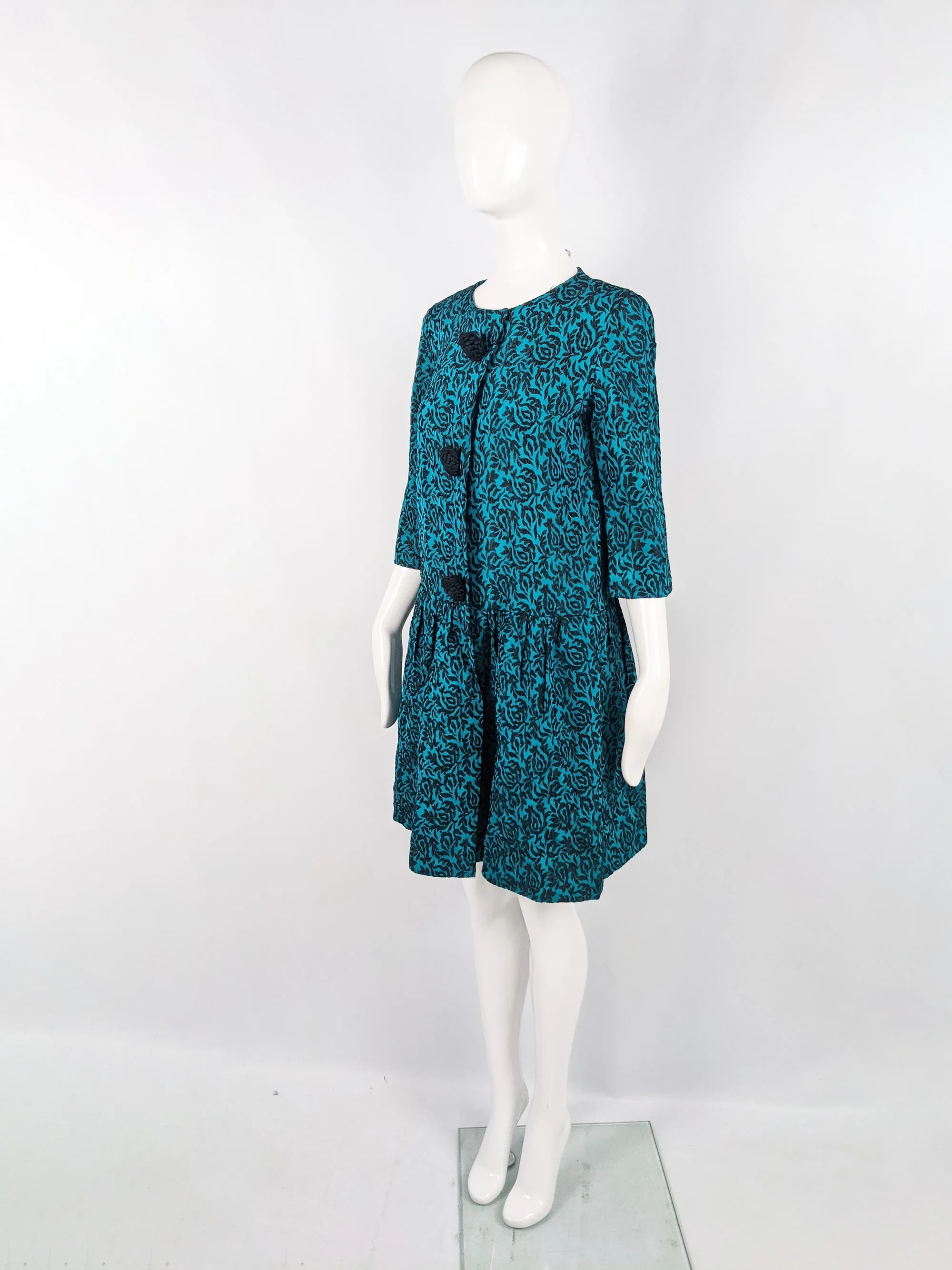 Vintage Blue & Black Brocade Oversized Coat, 1960s