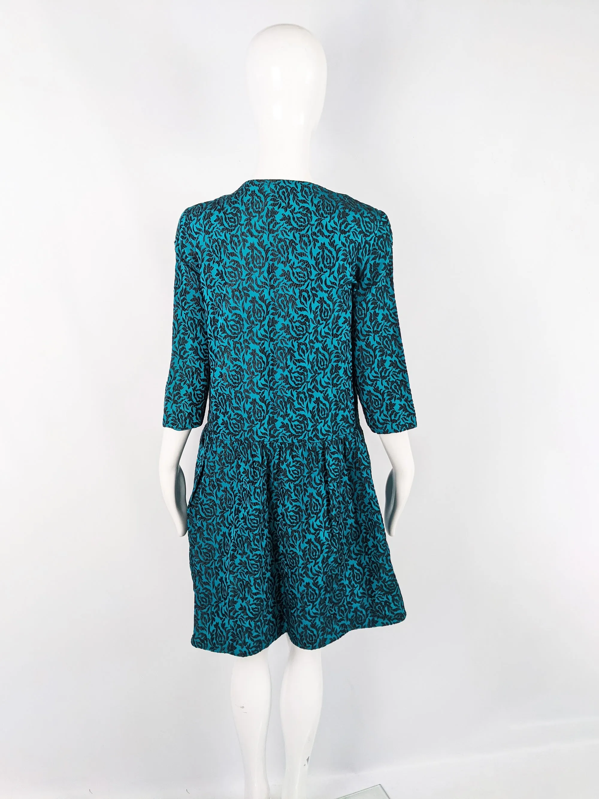 Vintage Blue & Black Brocade Oversized Coat, 1960s