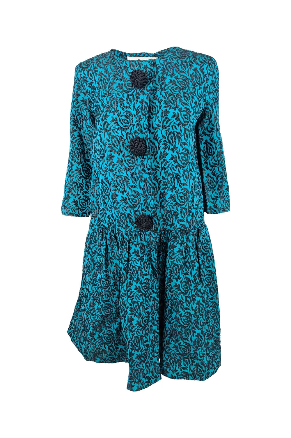 Vintage Blue & Black Brocade Oversized Coat, 1960s