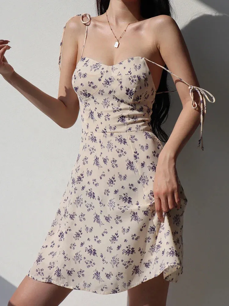 Vintage Casual Floral Style Suspender Slim Summer Women Holiday Lace-up New Fit Sleeveless Dress Dress