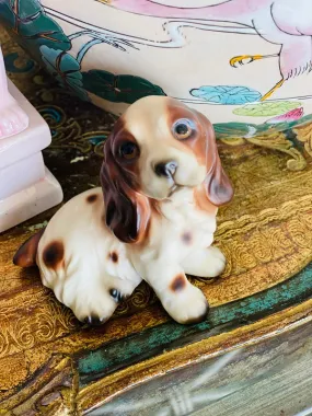 Vintage Dog Figurine Spotted Brown and Cream from Japan (Dark Brown Puppy Eyes)