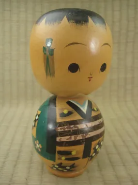 Vintage Japanese Kokeshi WoodenDoll Green Hantan With Pink Plum Blossoms 6"