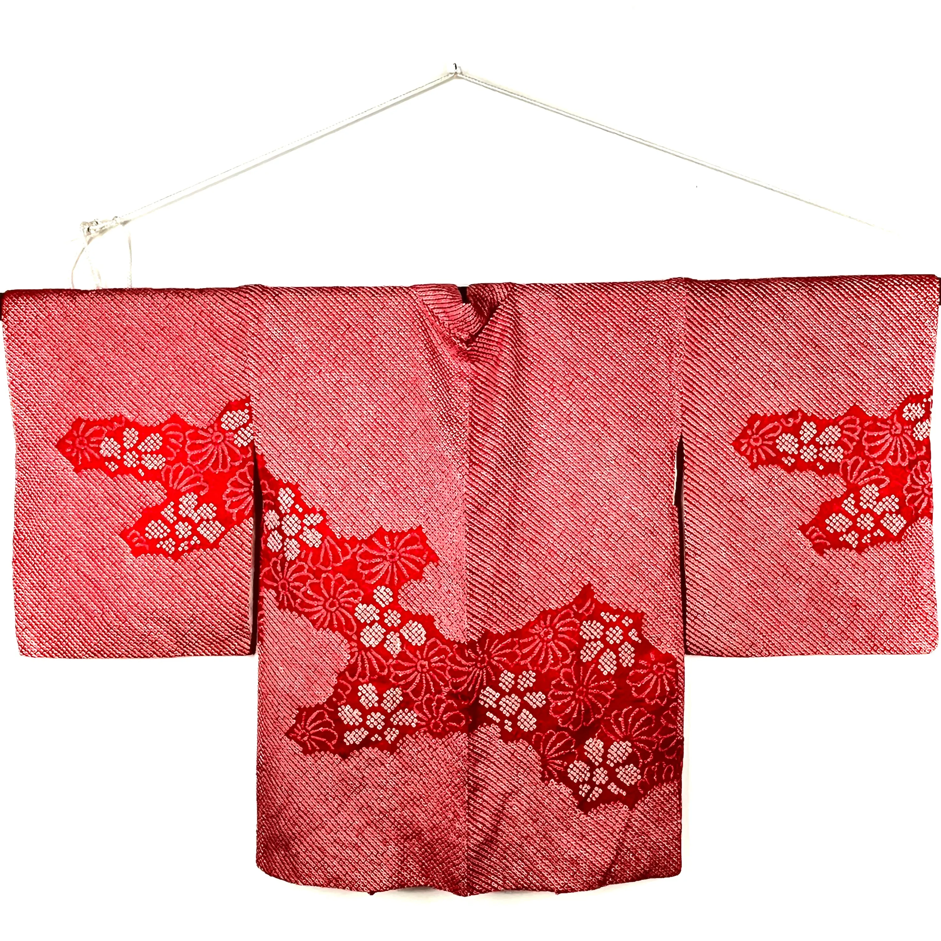 Vintage Japanese Silk Haori Coat in Shibori Tie-dye Bright Red Flower Pattern 28"L