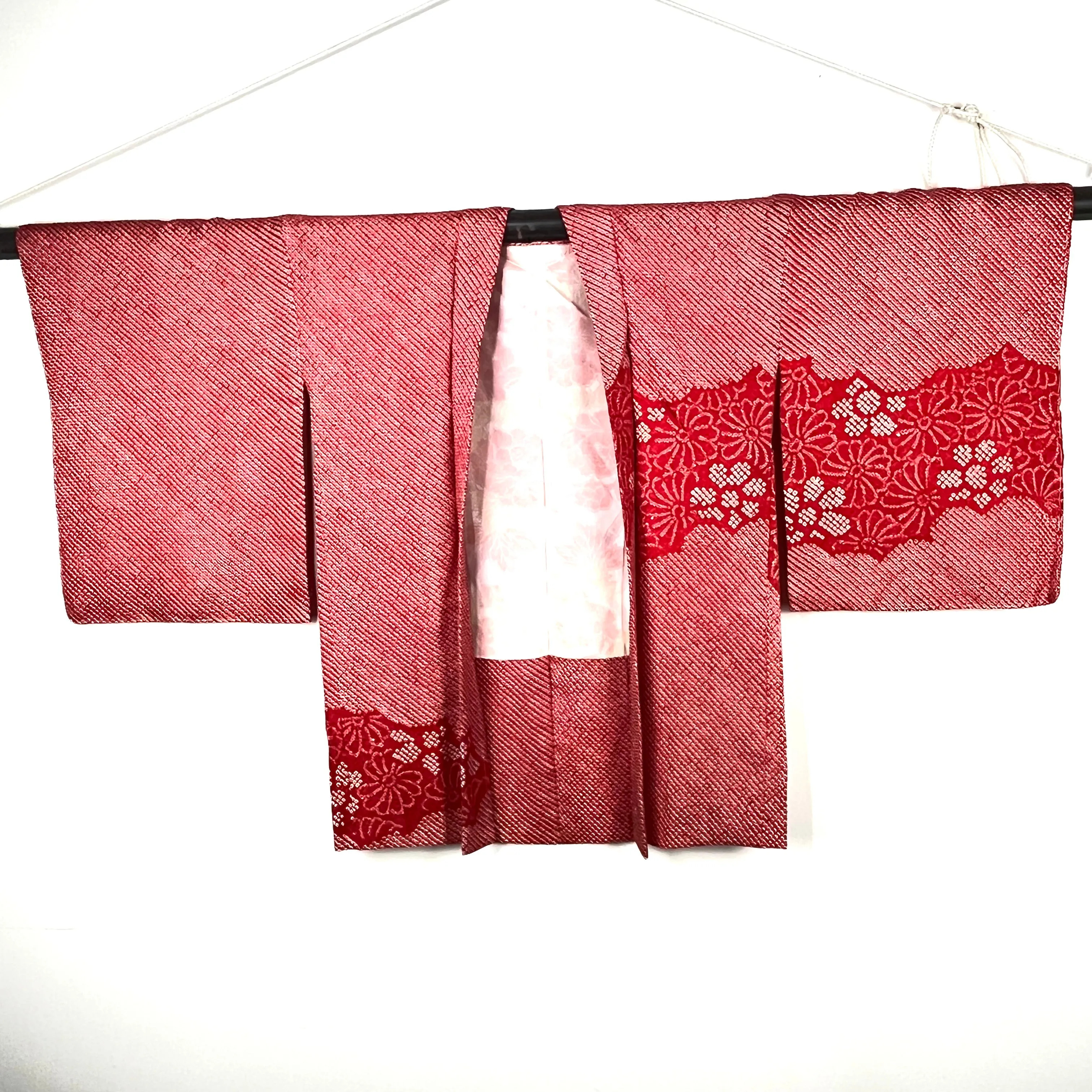 Vintage Japanese Silk Haori Coat in Shibori Tie-dye Bright Red Flower Pattern 28"L