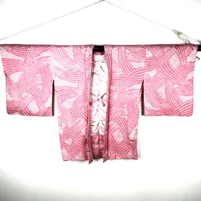 Vintage Japanese Silk Haori Coat in Shibori Tie-dye Pink Weave pattern 28"L