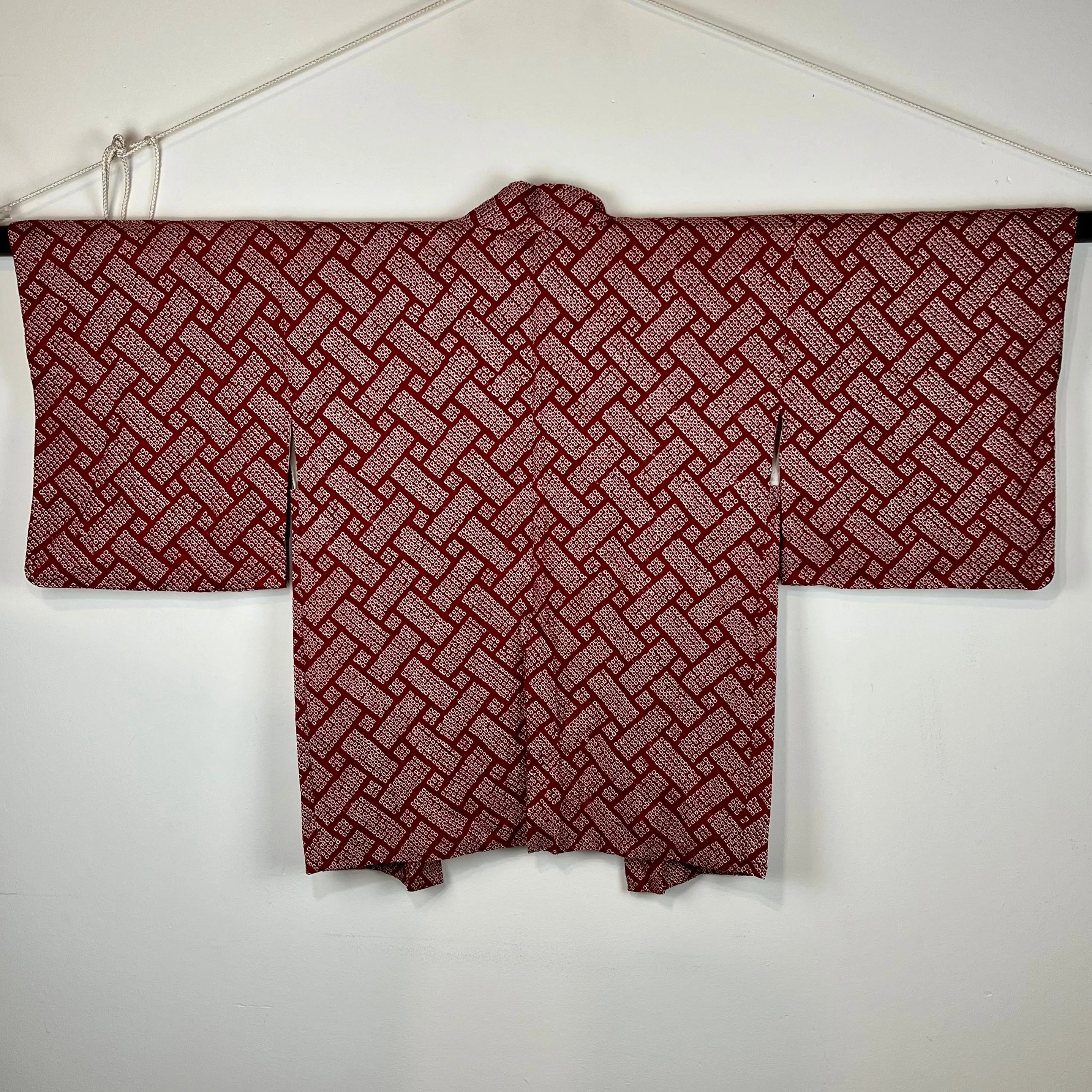 Vintage Japanese Silk Haori Coat in Shibori Tie-dye Style Cherry Red 30"L