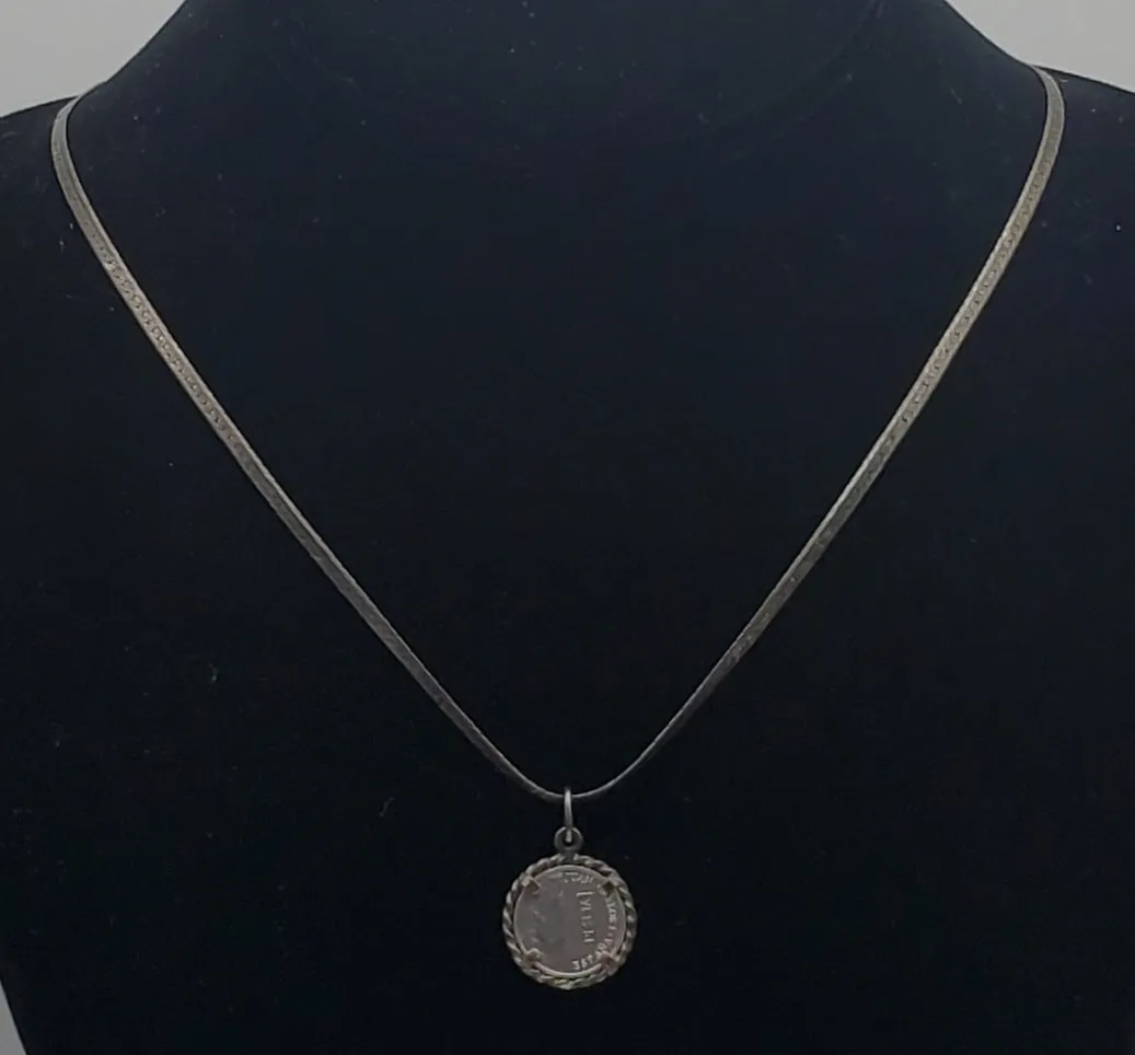 Vintage Sterling Silver Spanish Peseta Pendant on Herringbone Link Sterling Silver Chain Necklace - 20"