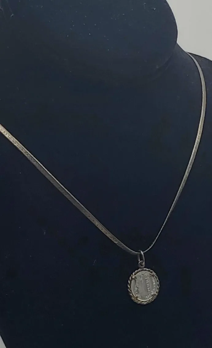 Vintage Sterling Silver Spanish Peseta Pendant on Herringbone Link Sterling Silver Chain Necklace - 20"