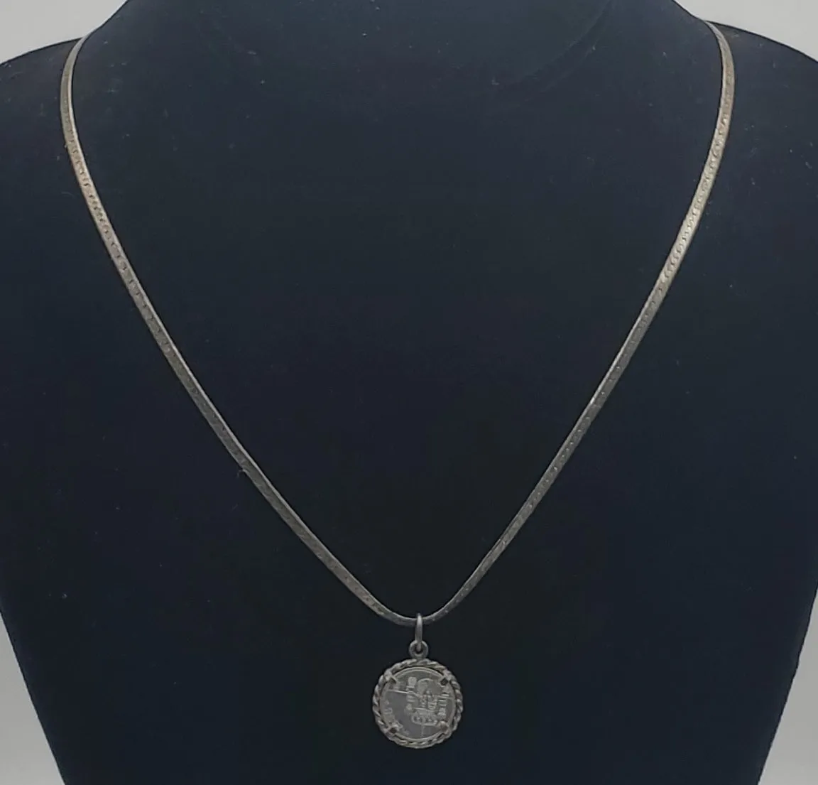 Vintage Sterling Silver Spanish Peseta Pendant on Herringbone Link Sterling Silver Chain Necklace - 20"