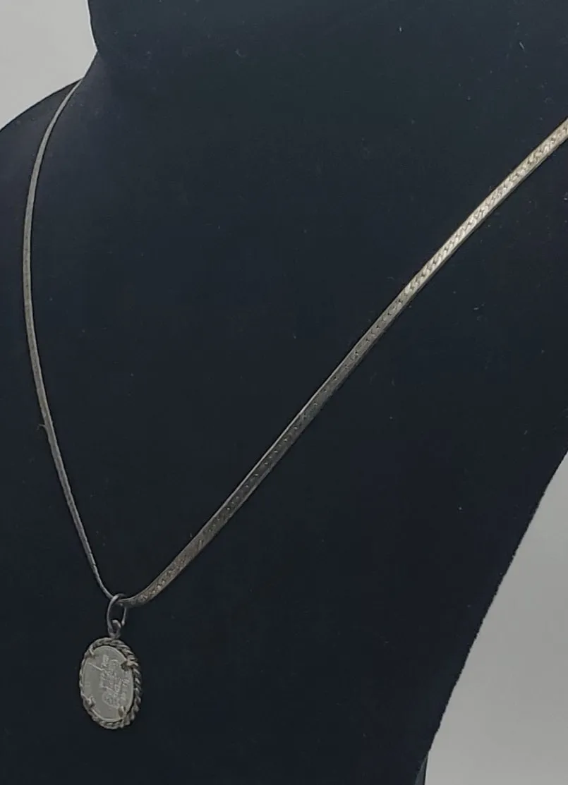 Vintage Sterling Silver Spanish Peseta Pendant on Herringbone Link Sterling Silver Chain Necklace - 20"