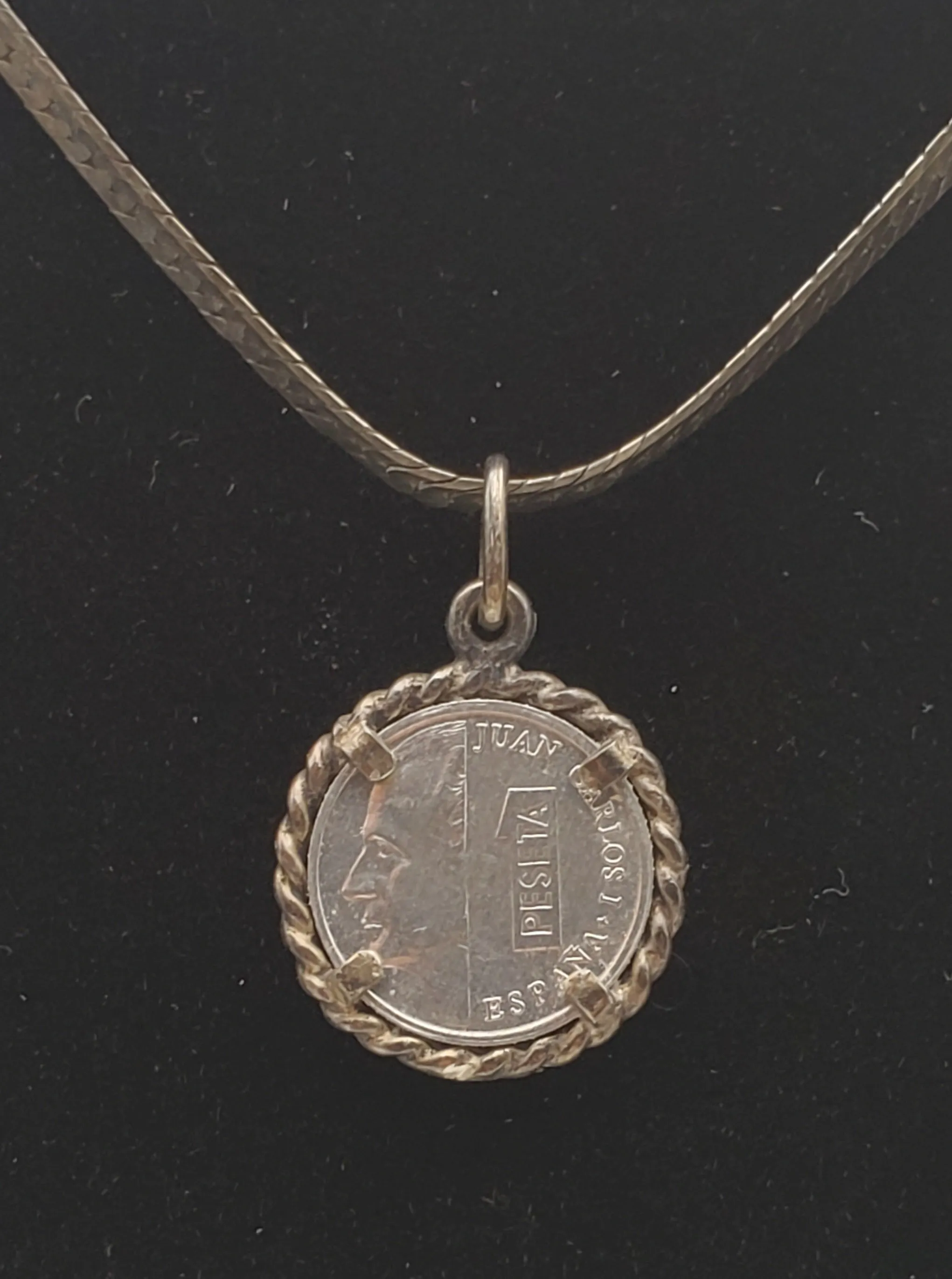 Vintage Sterling Silver Spanish Peseta Pendant on Herringbone Link Sterling Silver Chain Necklace - 20"