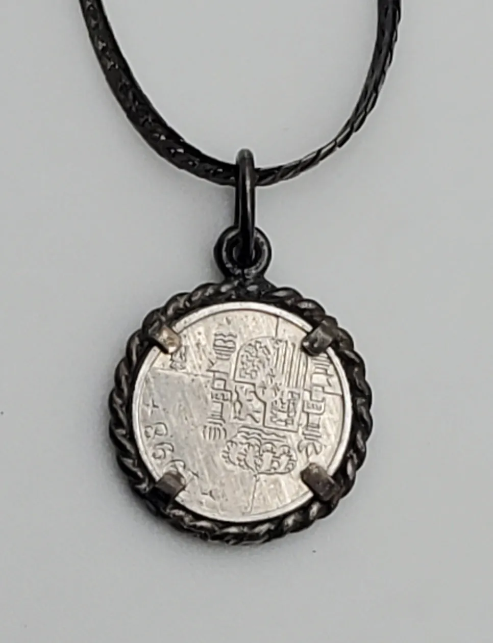 Vintage Sterling Silver Spanish Peseta Pendant on Herringbone Link Sterling Silver Chain Necklace - 20"