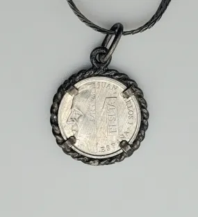 Vintage Sterling Silver Spanish Peseta Pendant on Herringbone Link Sterling Silver Chain Necklace - 20"