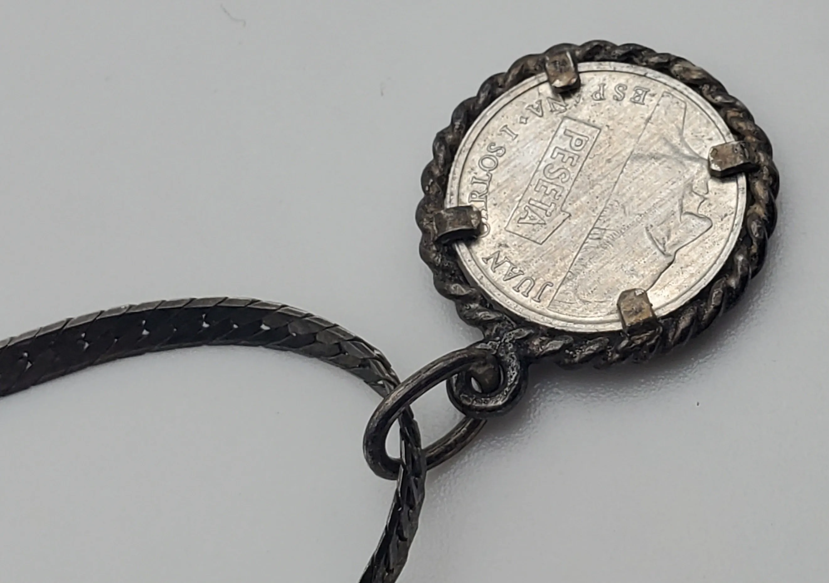 Vintage Sterling Silver Spanish Peseta Pendant on Herringbone Link Sterling Silver Chain Necklace - 20"