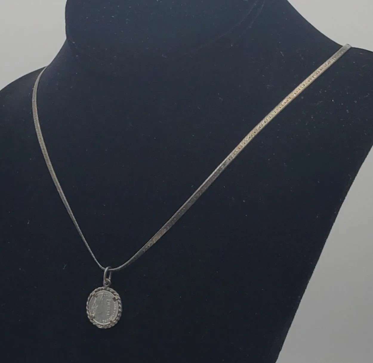 Vintage Sterling Silver Spanish Peseta Pendant on Herringbone Link Sterling Silver Chain Necklace - 20"