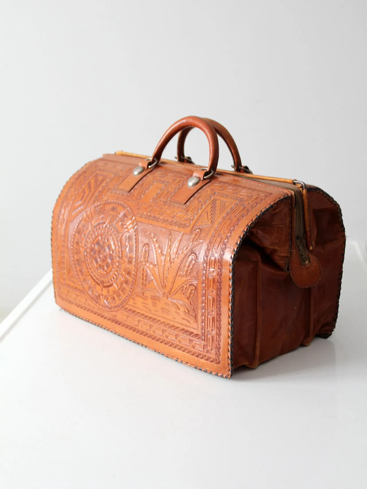 vintage tooled leather satchel bag