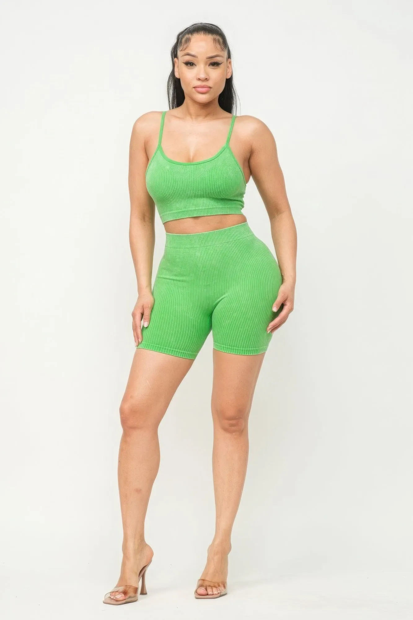 Washed Seamless Basic Tank Top And Shorts Outfit Set