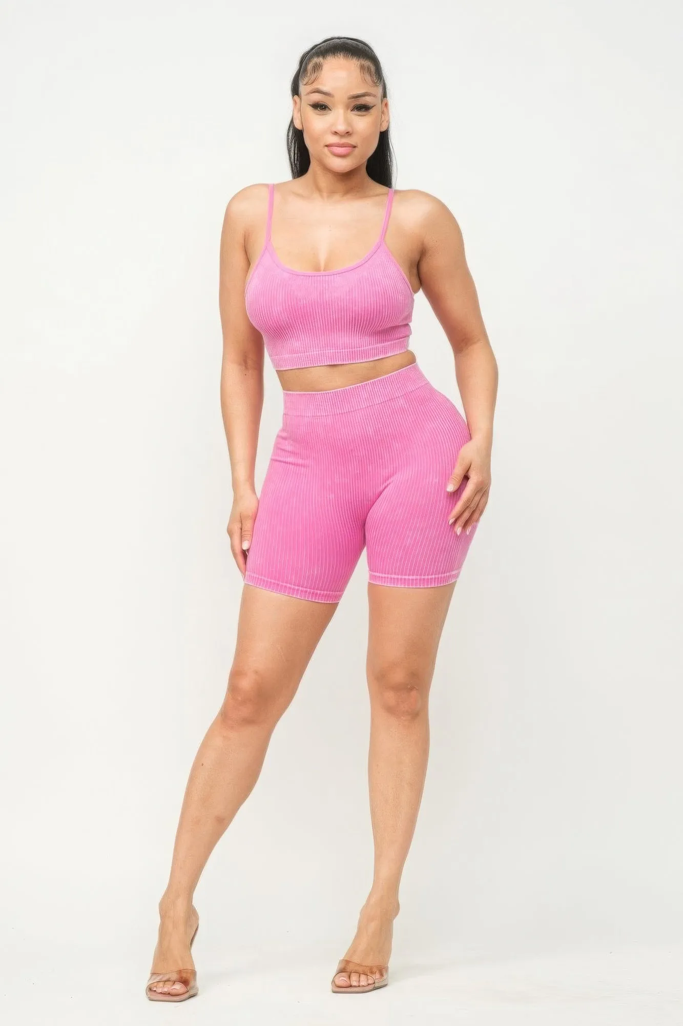 Washed Seamless Basic Tank Top And Shorts Outfit Set