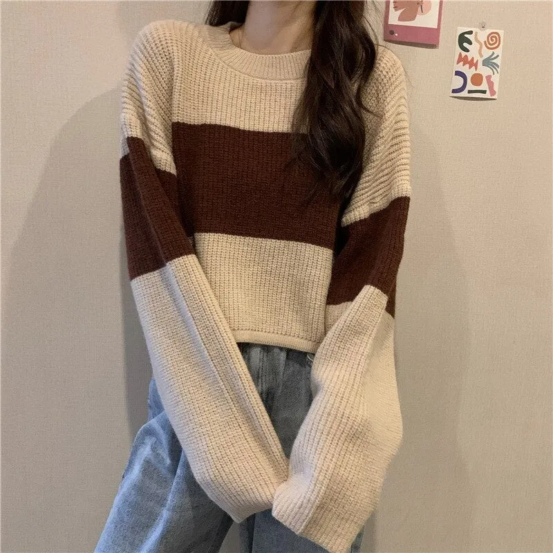 Wenkouban Autumn Winter Knitted Sweater Women Casual Stripe Pullover Korean Vintage Loose Short Knitwear Female Long Sleeve O Neck Sweater