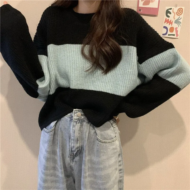 Wenkouban Autumn Winter Knitted Sweater Women Casual Stripe Pullover Korean Vintage Loose Short Knitwear Female Long Sleeve O Neck Sweater