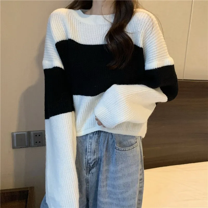 Wenkouban Autumn Winter Knitted Sweater Women Casual Stripe Pullover Korean Vintage Loose Short Knitwear Female Long Sleeve O Neck Sweater