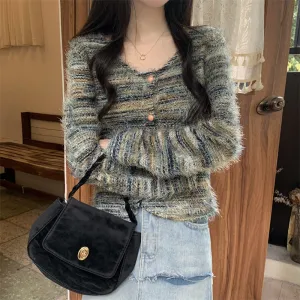 Wenkouban fall outfits aesthetic Retro Striped Square Collar Fur Soft Glutinous Sweater Cardigan Coat Women's Spring and Autumn Loose Lazy Style Short Knitted Top