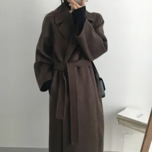 Wenkouban Womens fall fashion Korean Style Chic Autumn and Winter Soft Wool Belted Long Coat